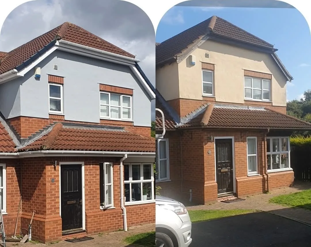 Before and after of new uPVC fascias and soffits on a detached brick house